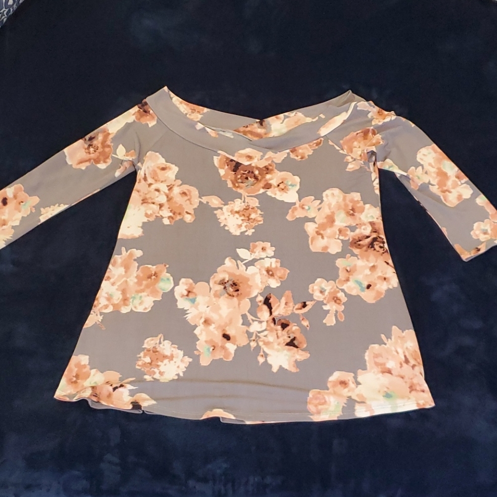 Gray, floral print off the shoulder blouse